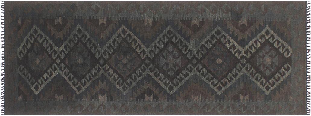 Flat Weave Kilim, Antique, Navaho, Vintage, Handmade, Geometric Kilim Black Gray Hand-Woven Runner 100% Wool Area Rug 3 x 8