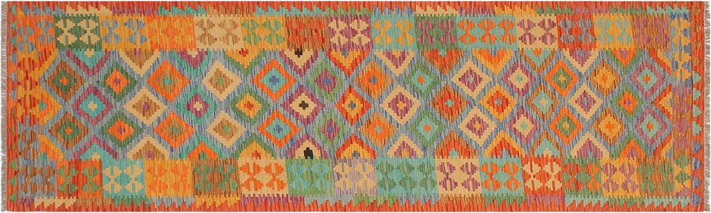 Flat Weave Kilim, Antique, Navaho, Vintage, Handmade, Geometric Kilim Blue Rust Hand-Woven Runner 100% Wool Area Rug 3 x 10
