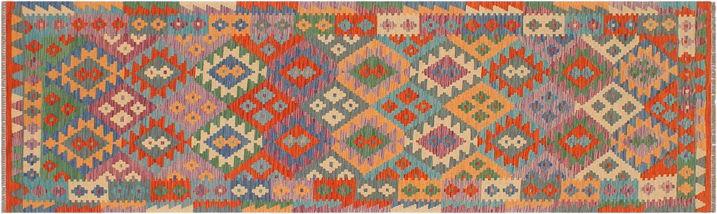 Flat Weave Kilim, Antique, Navaho, Vintage, Handmade, Geometric Kilim Blue Rust Hand-Woven Runner 100% Wool Area Rug 3 x 10