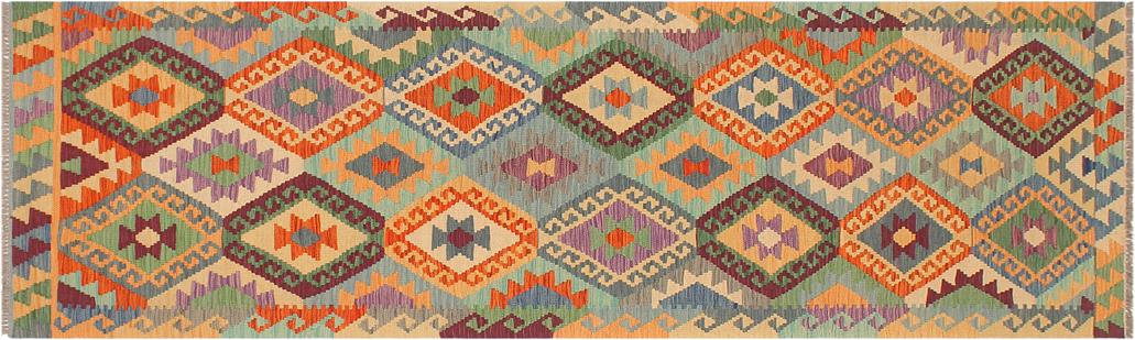 Flat Weave Kilim, Antique, Navaho, Vintage, Handmade, Geometric Kilim Blue Rust Hand-Woven Runner 100% Wool Area Rug 3 x 10