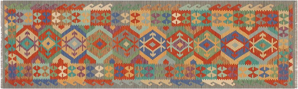 Flat Weave Kilim, Antique, Navaho, Vintage, Handmade, Geometric Kilim Rust Gray Hand-Woven Runner 100% Wool Area Rug 3 x 10