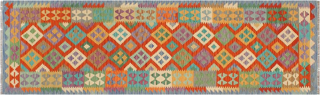 Flat Weave Kilim, Antique, Navaho, Vintage, Handmade, Geometric Kilim Rust Blue Hand-Woven Runner 100% Wool Area Rug 3 x 10