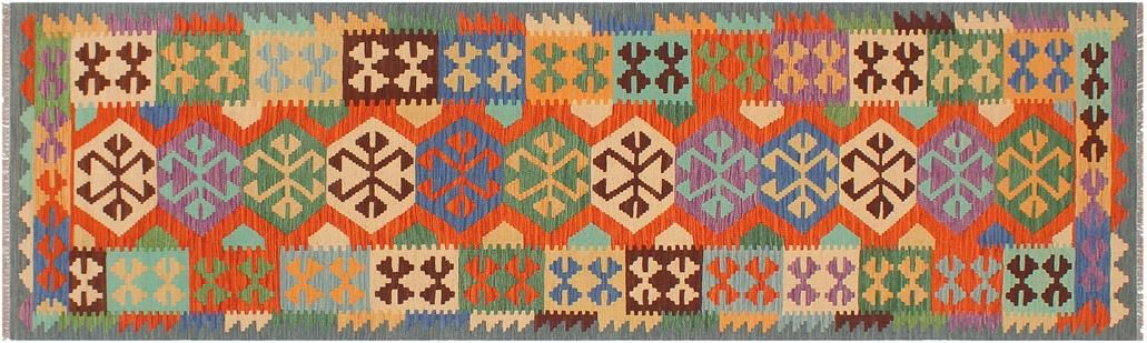 Flat Weave Kilim, Antique, Navaho, Vintage, Handmade, Geometric Kilim Rust Blue Hand-Woven Runner 100% Wool Area Rug 3 x 10