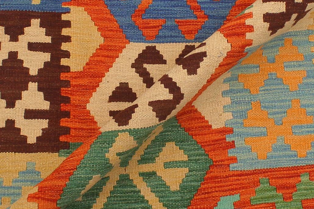Flat Weave Kilim, Antique, Navaho, Vintage, Handmade, Geometric Kilim Rust Blue Hand-Woven Runner 100% Wool Area Rug 3 x 10