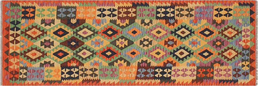 Flat Weave Kilim, Antique, Navaho, Vintage, Handmade, Geometric Kilim Blue Rust Hand-Woven Runner 100% Wool Area Rug 3 x 9