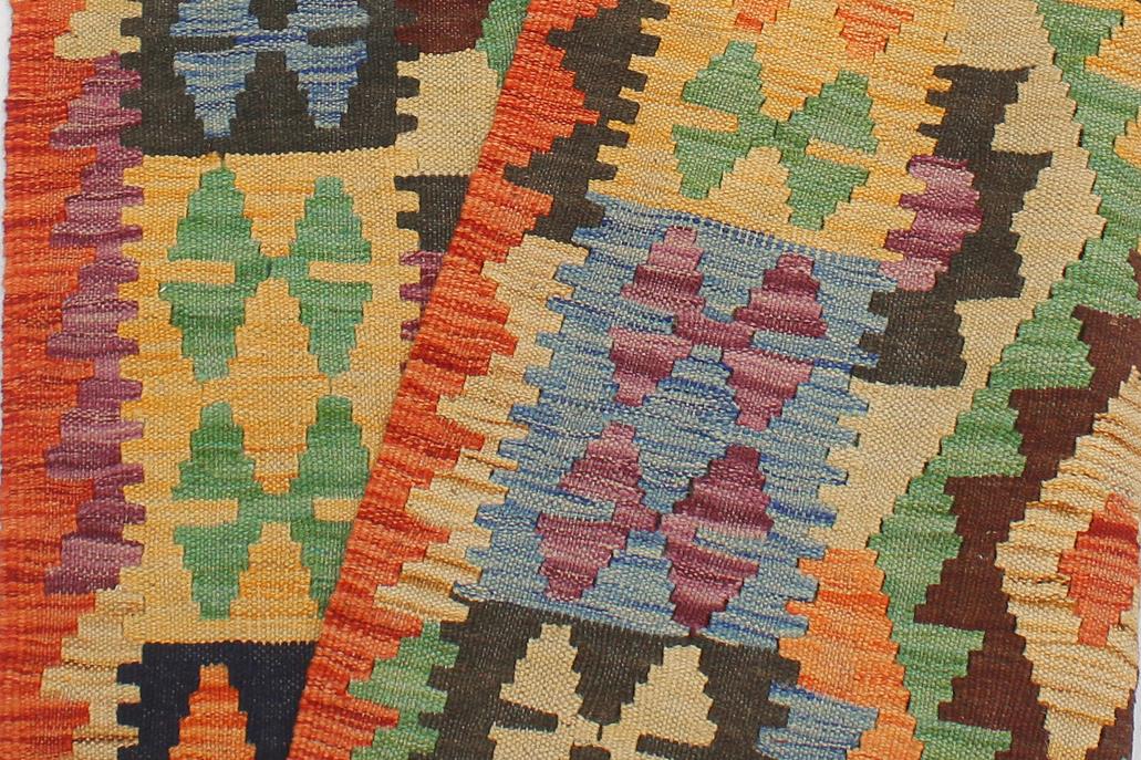 Flat Weave Kilim, Antique, Navaho, Vintage, Handmade, Geometric Kilim Blue Rust Hand-Woven Runner 100% Wool Area Rug 3 x 9