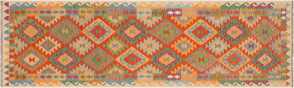Flat Weave Kilim, Antique, Navaho, Vintage, Handmade, Geometric Kilim Rust Beige Hand-Woven Runner 100% Wool Area Rug 3 x 10