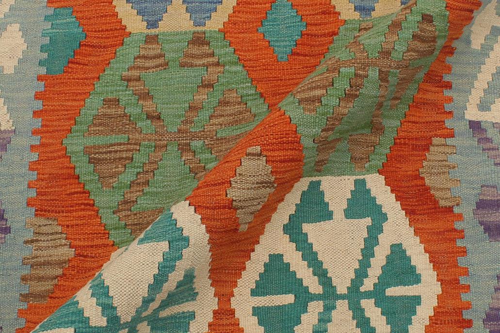 Flat Weave Kilim, Antique, Navaho, Vintage, Handmade, Geometric Kilim Rust Blue Hand-Woven Runner 100% Wool Area Rug 3 x 13