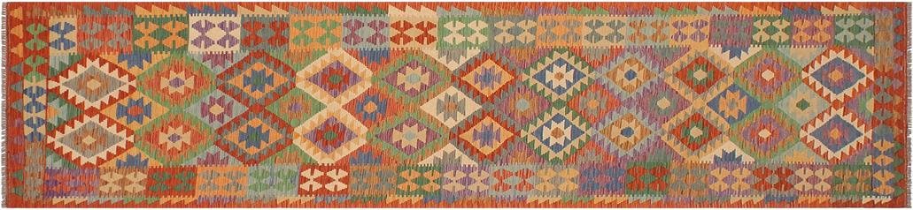 Flat Weave Kilim, Antique, Navaho, Vintage, Handmade, Geometric Kilim Rust Blue Hand-Woven Runner 100% Wool Area Rug 3 x 13