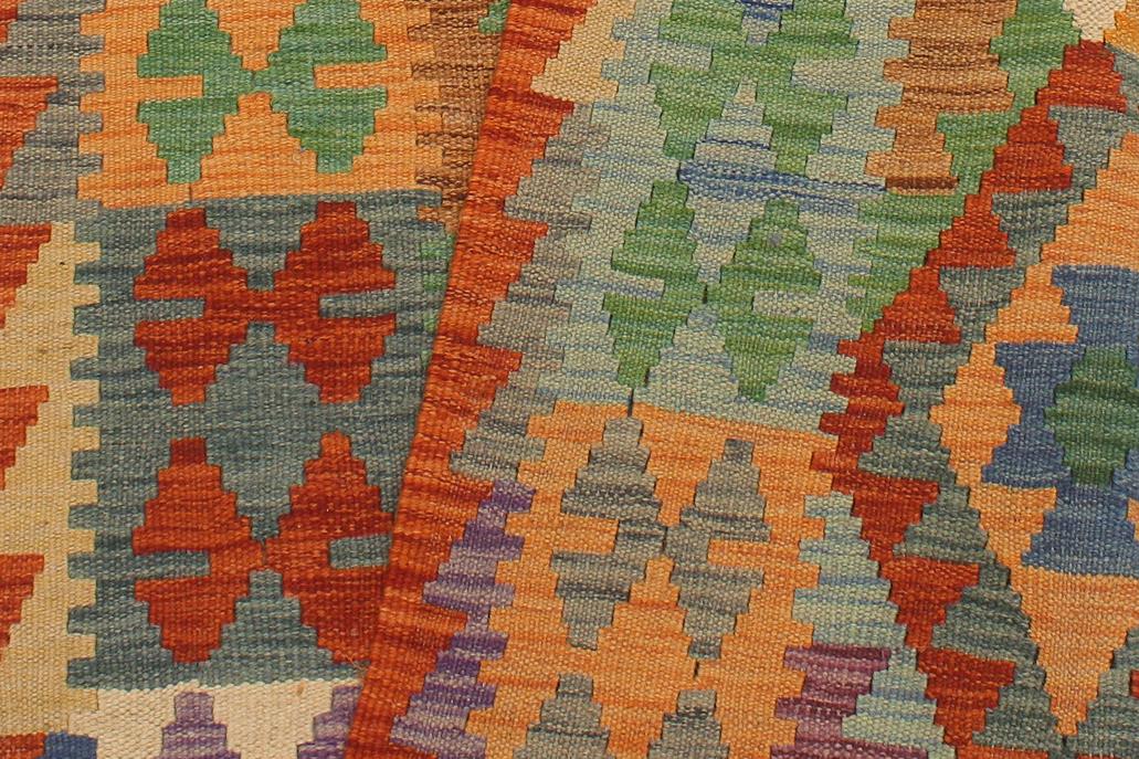 Flat Weave Kilim, Antique, Navaho, Vintage, Handmade, Geometric Kilim Rust Blue Hand-Woven Runner 100% Wool Area Rug 3 x 13