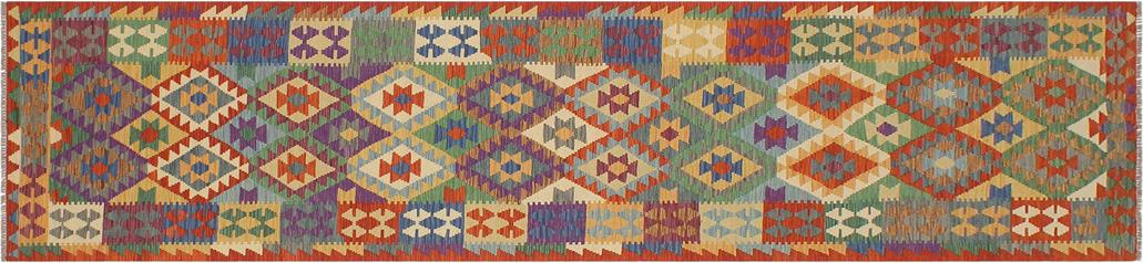 Flat Weave Kilim, Antique, Navaho, Vintage, Handmade, Geometric Kilim Rust Blue Hand-Woven Runner 100% Wool Area Rug 3 x 13