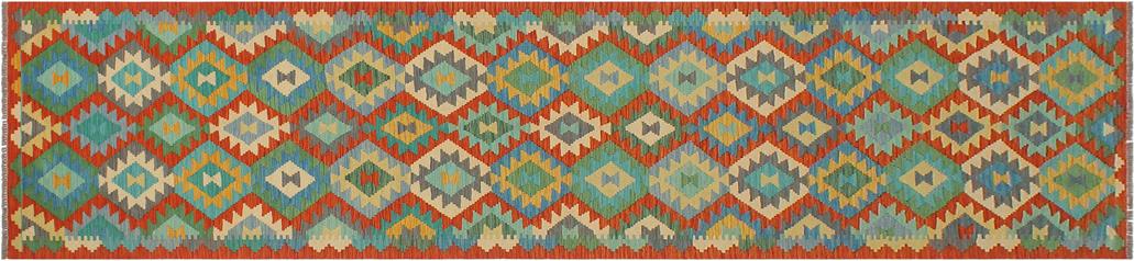 Flat Weave Kilim, Antique, Navaho, Vintage, Handmade, Geometric Kilim Rust Blue Hand-Woven Runner 100% Wool Area Rug 3 x 13