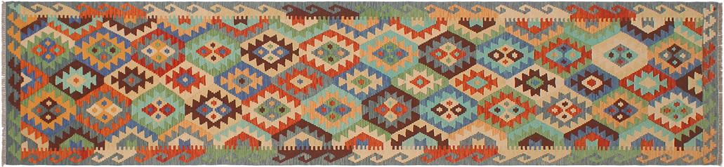 Flat Weave Kilim, Antique, Navaho, Vintage, Handmade, Geometric Kilim Blue Rust Hand-Woven Runner 100% Wool Area Rug 3 x 13