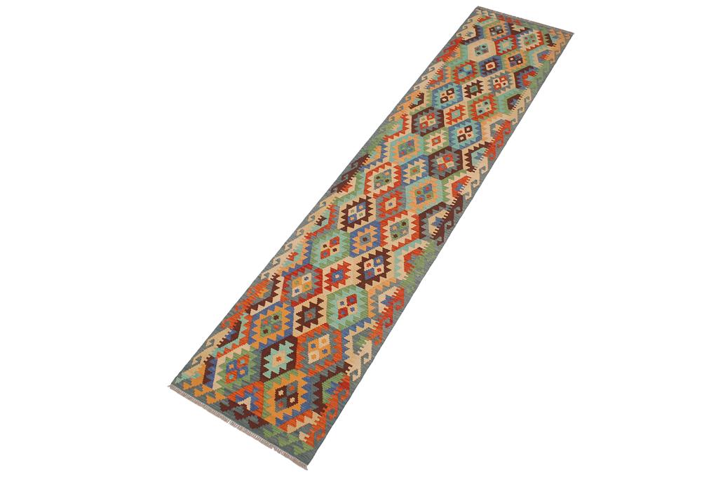 Flat Weave Kilim, Antique, Navaho, Vintage, Handmade, Geometric Kilim Blue Rust Hand-Woven Runner 100% Wool Area Rug 3 x 13