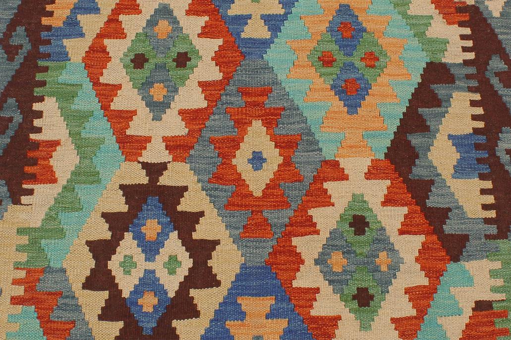 Flat Weave Kilim, Antique, Navaho, Vintage, Handmade, Geometric Kilim Blue Rust Hand-Woven Runner 100% Wool Area Rug 3 x 13