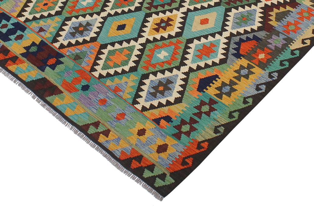 Flat Weave Kilim, Antique, Navaho, Vintage, Handmade, Geometric Kilim Blue Brown Hand-Woven Rectangle 100% Wool Area Rug 6 x 8