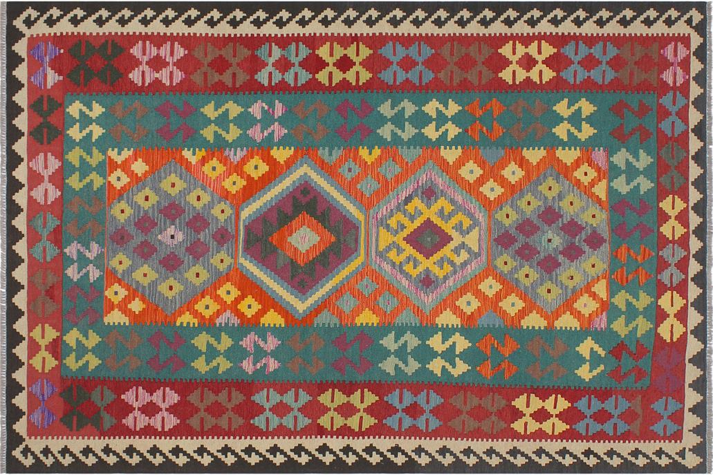 Flat Weave Kilim, Antique, Navaho, Vintage, Handmade, Geometric Kilim Blue Red Hand-Woven Rectangle 100% Wool Area Rug 6 x 8