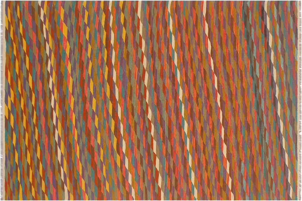 Flat Weave Kilim, Antique, Navaho, Vintage, Handmade, Modern Kilim Rust Blue Hand-Woven Rectangle 100% Wool Area Rug 6 x 8