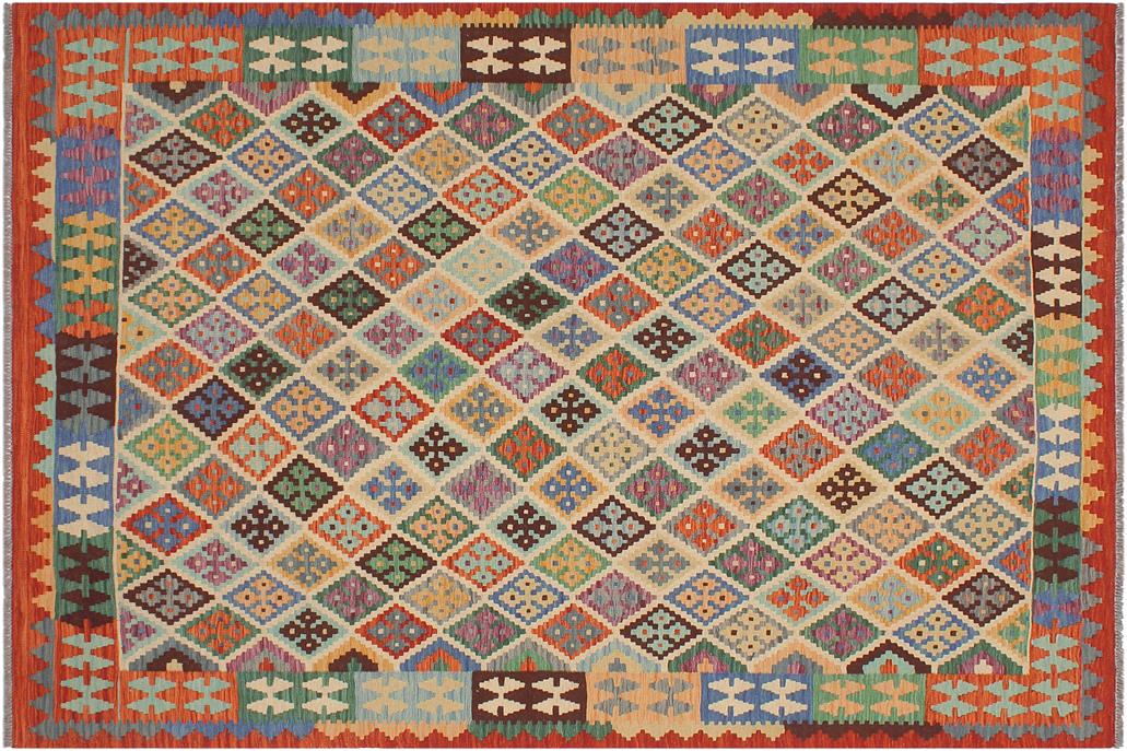 Flat Weave Kilim, Antique, Navaho, Vintage, Handmade, Geometric Kilim Beige Rust Hand-Woven Rectangle 100% Wool Area Rug 6 x 8