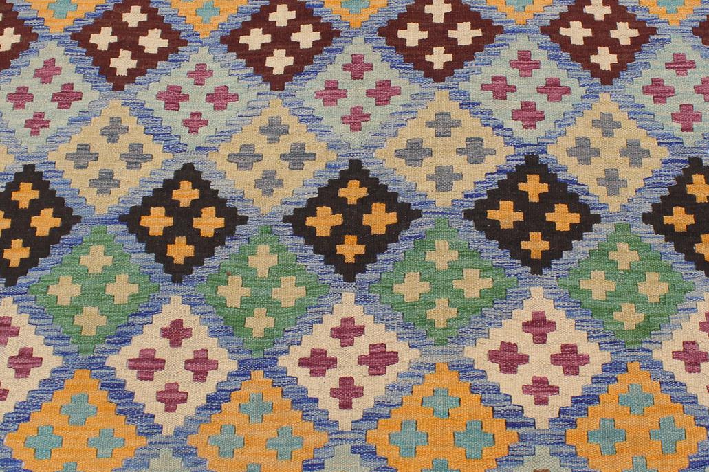 Flat Weave Kilim, Antique, Navaho, Vintage, Handmade, Geometric Kilim Blue Beige Hand-Woven Rectangle 100% Wool Area Rug 6 x 8