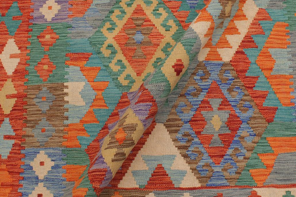 Flat Weave Kilim, Antique, Navaho, Vintage, Handmade, Geometric Kilim Blue Rust Hand-Woven Rectangle 100% Wool Area Rug 5 x 7