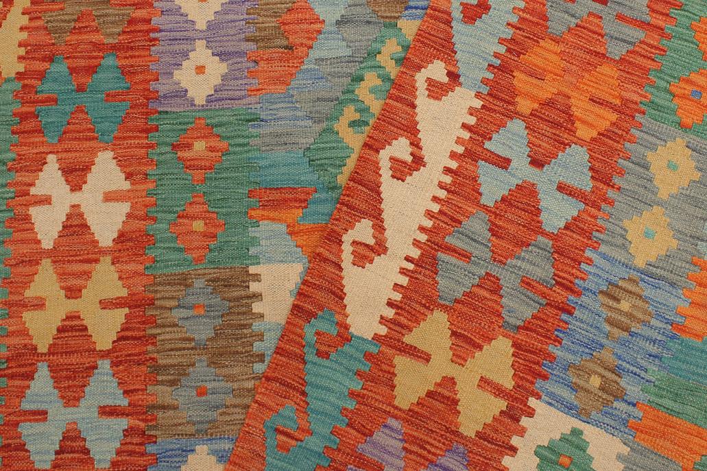 Flat Weave Kilim, Antique, Navaho, Vintage, Handmade, Geometric Kilim Blue Rust Hand-Woven Rectangle 100% Wool Area Rug 5 x 7