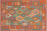 Flat Weave Kilim, Antique, Navaho, Vintage, Handmade, Geometric Kilim Blue Rust Hand-Woven Rectangle 100% Wool Area Rug 5 x 7