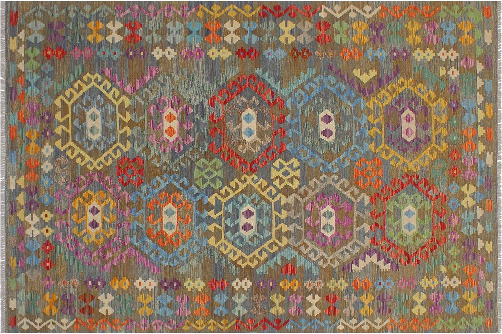 Flat Weave Kilim, Antique, Navaho, Vintage, Handmade, Geometric Kilim Gray Blue Hand-Woven Rectangle 100% Wool Area Rug 6 x 8