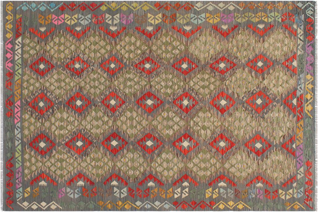 Flat Weave Kilim, Antique, Navaho, Vintage, Handmade, Geometric Kilim Gray Red Hand-Woven Rectangle 100% Wool Area Rug 6 x 8