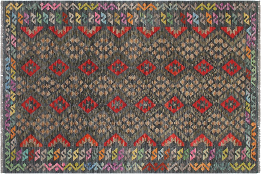 Flat Weave Kilim, Antique, Navaho, Vintage, Handmade, Geometric Kilim Red Green Hand-Woven Rectangle 100% Wool Area Rug 6 x 8