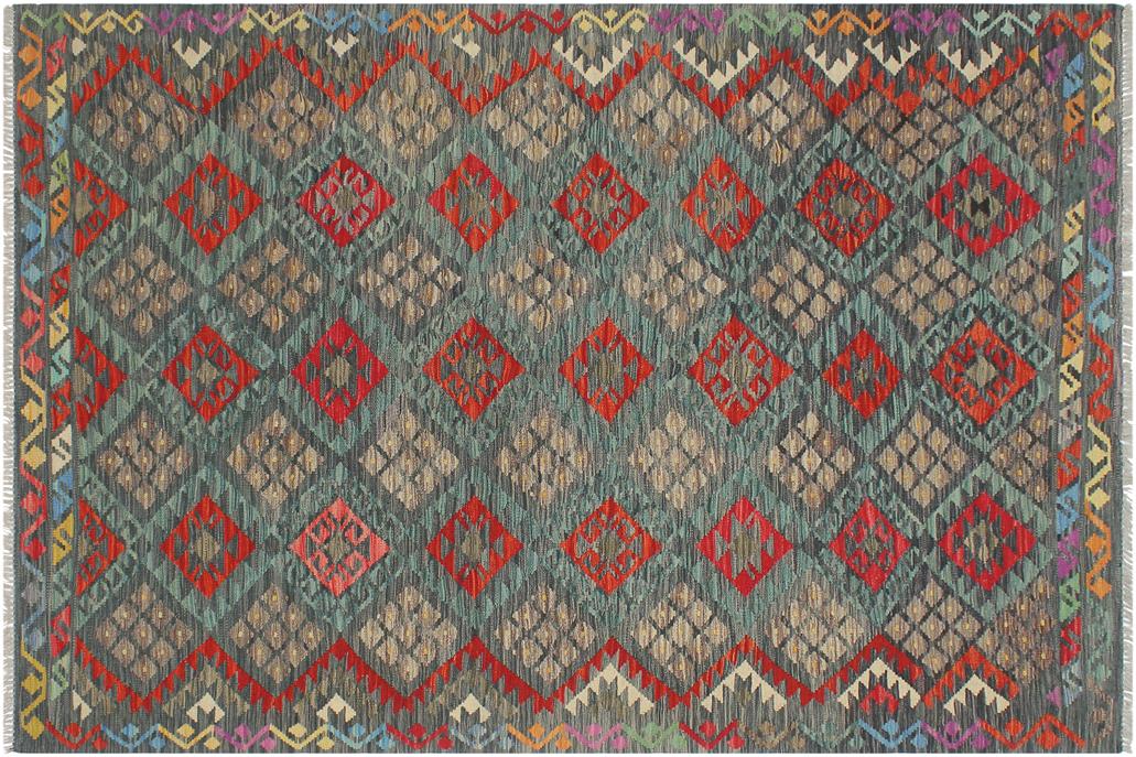 Flat Weave Kilim, Antique, Navaho, Vintage, Handmade, Geometric Kilim Charcoal Rust Hand-Woven Rectangle 100% Wool Area Rug 6 x 8