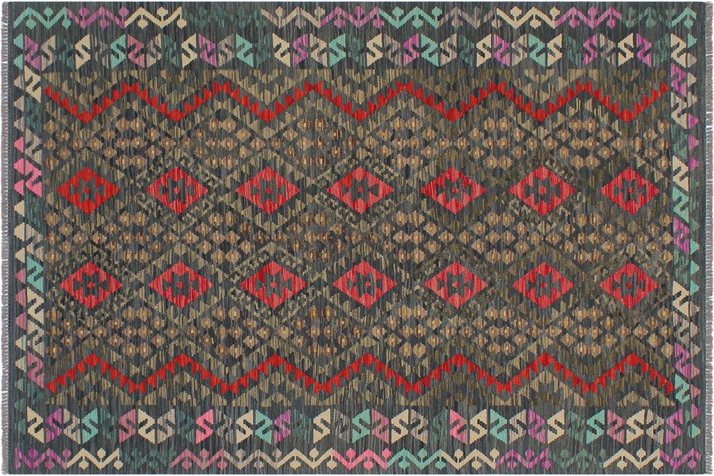 Flat Weave Kilim, Antique, Navaho, Vintage, Handmade, Geometric Kilim Charcoal Rust Hand-Woven Rectangle 100% Wool Area Rug 6 x 8