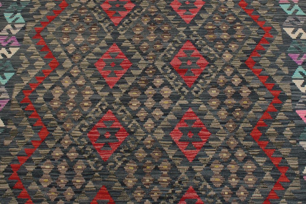 Flat Weave Kilim, Antique, Navaho, Vintage, Handmade, Geometric Kilim Charcoal Rust Hand-Woven Rectangle 100% Wool Area Rug 6 x 8