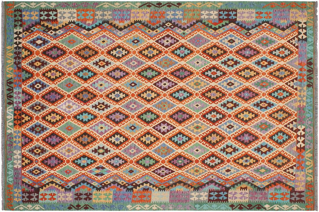Flat Weave Kilim, Antique, Navaho, Vintage, Handmade, Geometric Kilim Beige Green Hand-Woven Rectangle 100% Wool Area Rug 9 x 11