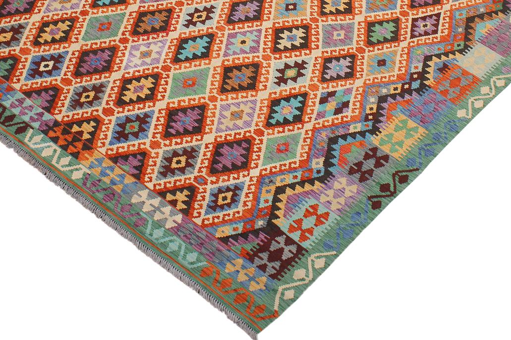 Flat Weave Kilim, Antique, Navaho, Vintage, Handmade, Geometric Kilim Beige Green Hand-Woven Rectangle 100% Wool Area Rug 9 x 11