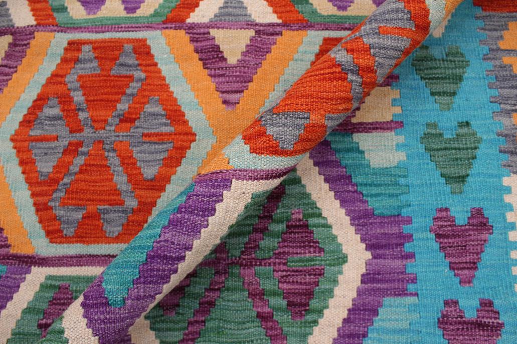 Flat Weave Kilim, Antique, Navaho, Vintage, Handmade, Geometric Kilim Blue Rust Hand-Woven Rectangle 100% Wool Area Rug 7 x 10