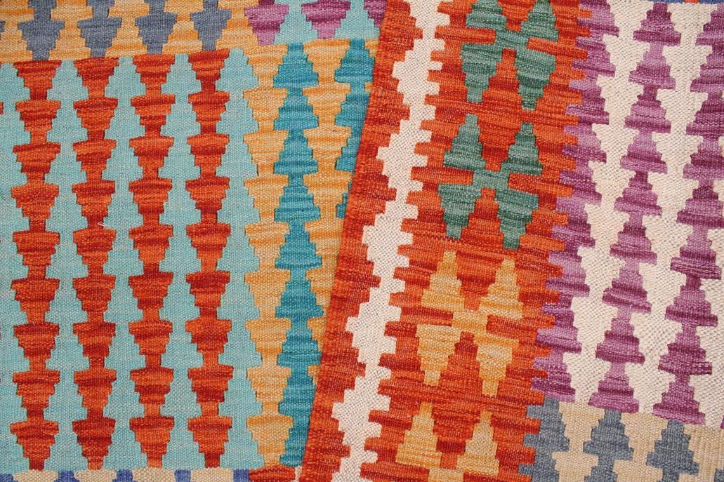 Flat Weave Kilim, Antique, Navaho, Vintage, Handmade, Modern Kilim Blue Rust Hand-Woven Rectangle 100% Wool Area Rug 7 x 10