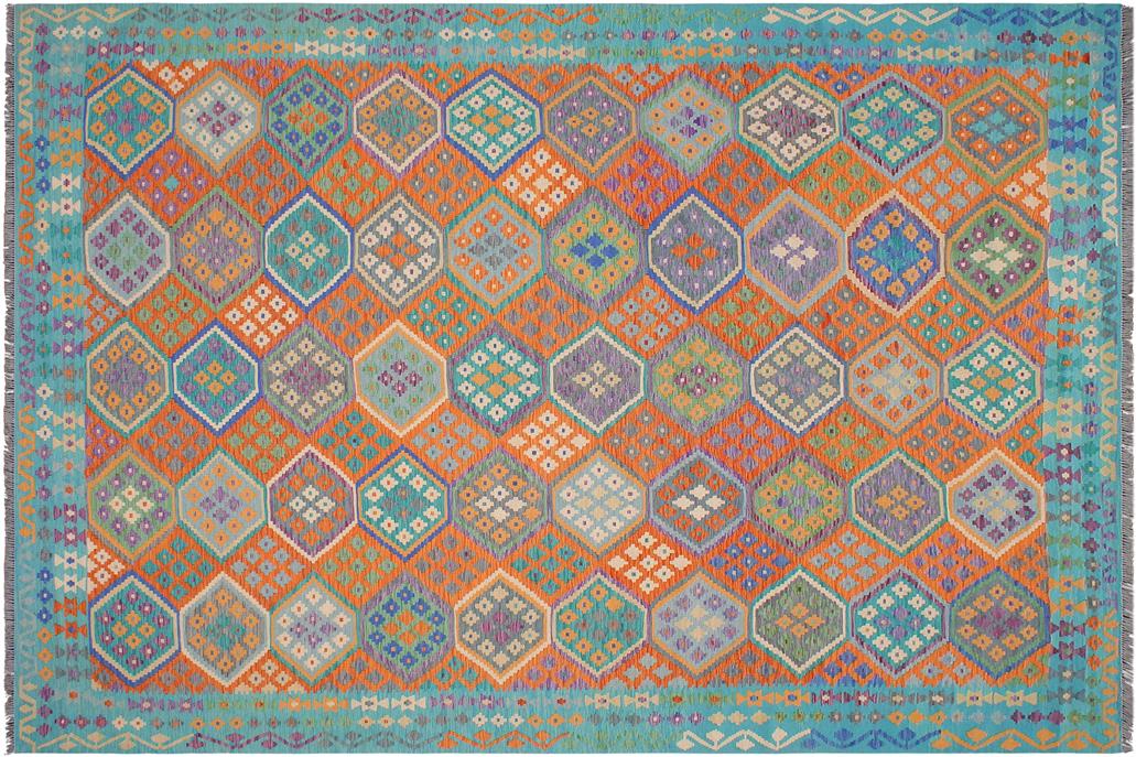 Flat Weave Kilim, Antique, Navaho, Vintage, Handmade, Geometric Kilim Rust Blue Hand-Woven Rectangle 100% Wool Area Rug 9 x 11