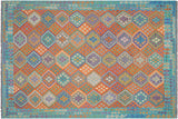 Flat Weave Kilim, Antique, Navaho, Vintage, Handmade, Geometric Kilim Rust Blue Hand-Woven Rectangle 100% Wool Area Rug 9 x 11