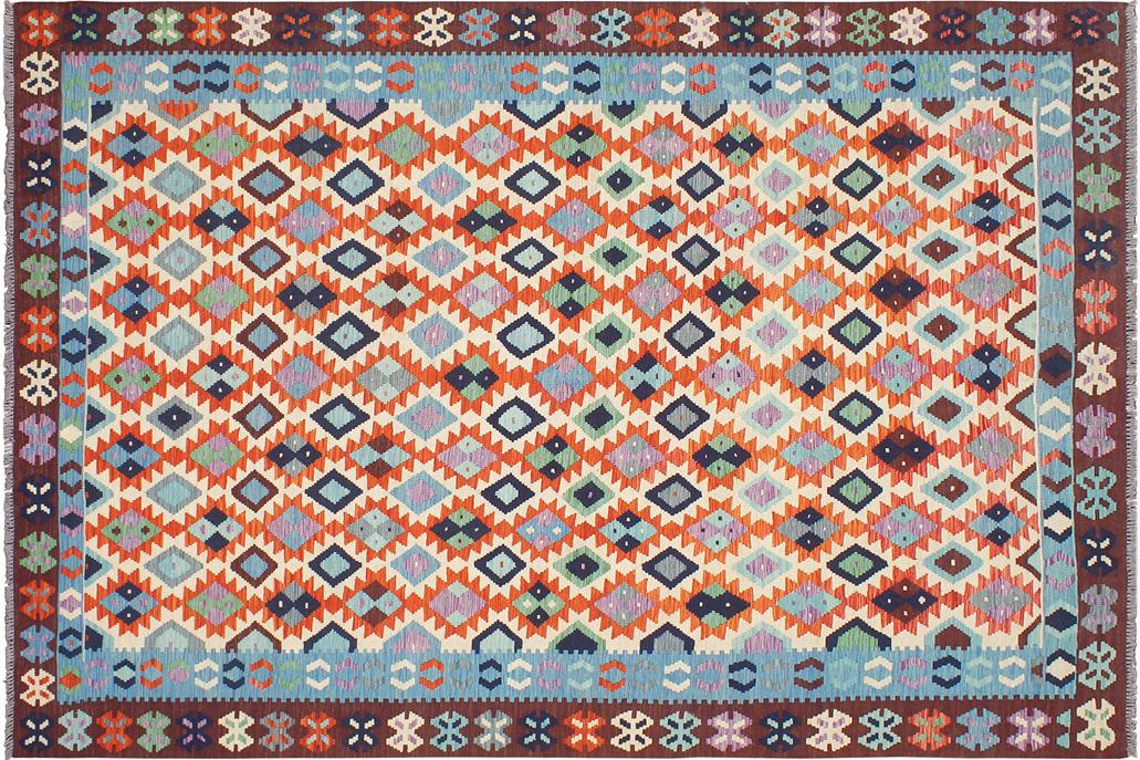 Flat Weave Kilim, Antique, Navaho, Vintage, Handmade, Geometric Kilim Beige Blue Hand-Woven Rectangle 100% Wool Area Rug 7 x 10