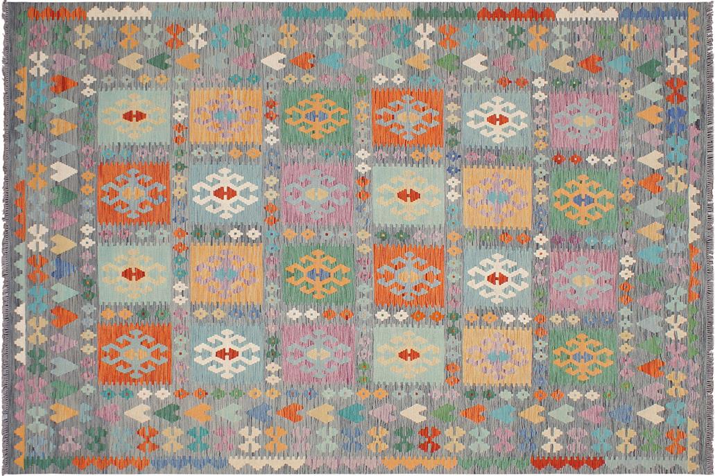 Flat Weave Kilim, Antique, Navaho, Vintage, Handmade, Geometric Kilim Gray Blue Hand-Woven Rectangle 100% Wool Area Rug 7 x 10