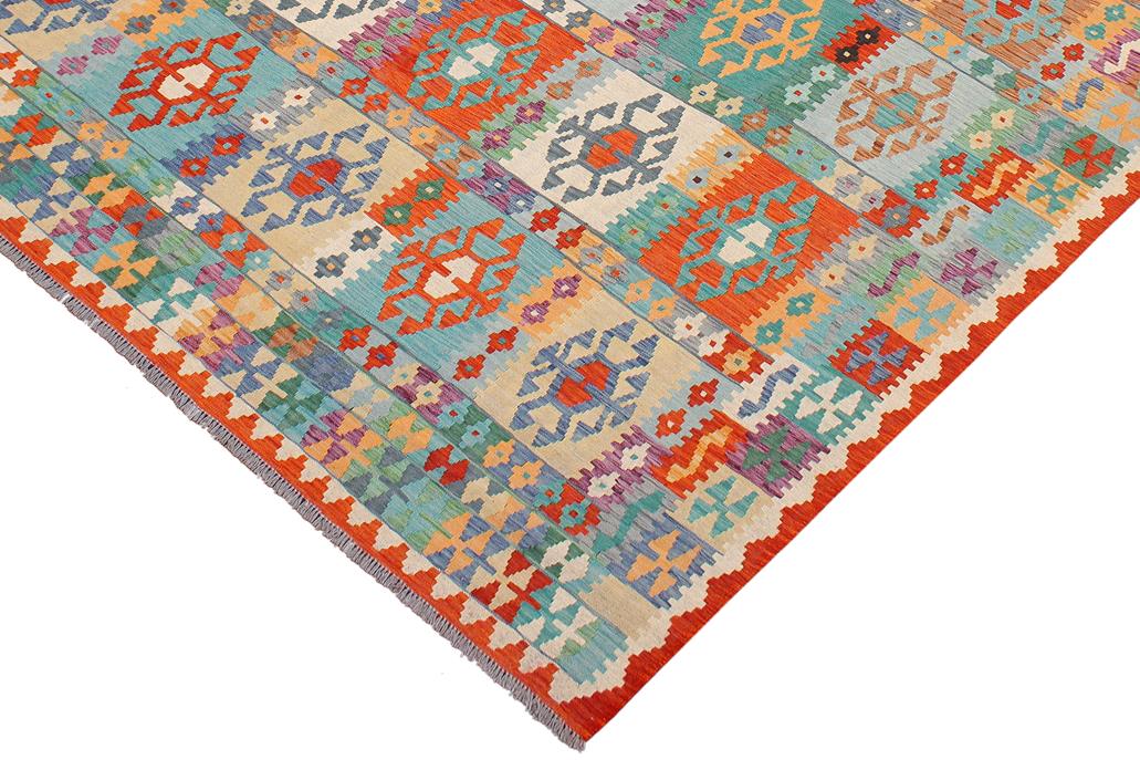 Flat Weave Kilim, Antique, Navaho, Vintage, Handmade, Geometric Kilim Blue Rust Hand-Woven Rectangle 100% Wool Area Rug 8 x 10