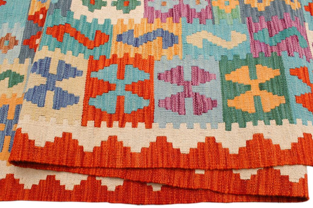 Flat Weave Kilim, Antique, Navaho, Vintage, Handmade, Geometric Kilim Blue Rust Hand-Woven Rectangle 100% Wool Area Rug 8 x 10