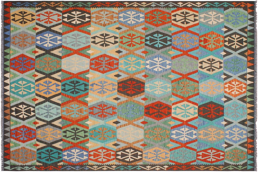 Flat Weave Kilim, Antique, Navaho, Vintage, Handmade, Geometric Kilim Rust Blue Hand-Woven Rectangle 100% Wool Area Rug 8 x 10