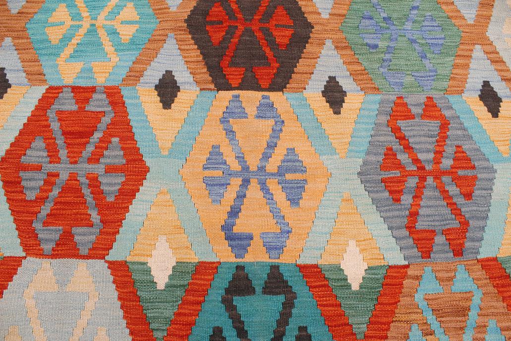 Flat Weave Kilim, Antique, Navaho, Vintage, Handmade, Geometric Kilim Rust Blue Hand-Woven Rectangle 100% Wool Area Rug 8 x 10