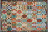 Flat Weave Kilim, Antique, Navaho, Vintage, Handmade, Geometric Kilim Rust Blue Hand-Woven Rectangle 100% Wool Area Rug 8 x 10