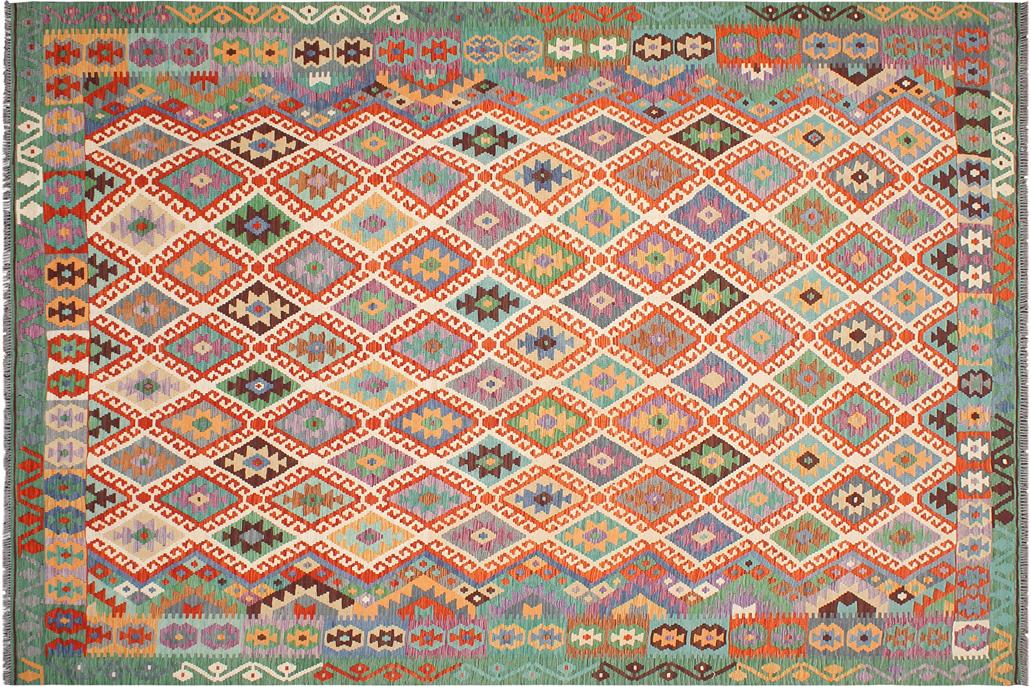 Flat Weave Kilim, Antique, Navaho, Vintage, Handmade, Geometric Kilim Beige Green Hand-Woven Rectangle 100% Wool Area Rug 8 x 11