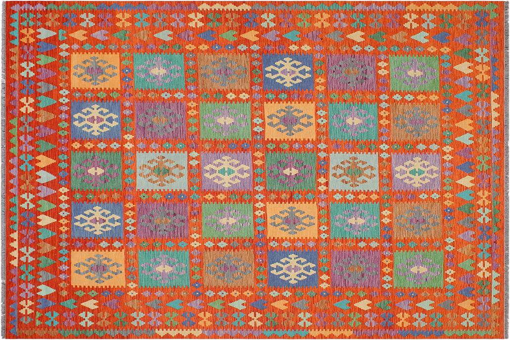 Flat Weave Kilim, Antique, Navaho, Vintage, Handmade, Geometric Kilim Rust Blue Hand-Woven Rectangle 100% Wool Area Rug 8 x 10