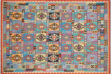 Flat Weave Kilim, Antique, Navaho, Vintage, Handmade, Geometric Kilim Blue Rust Hand-Woven Rectangle 100% Wool Area Rug 8 x 11