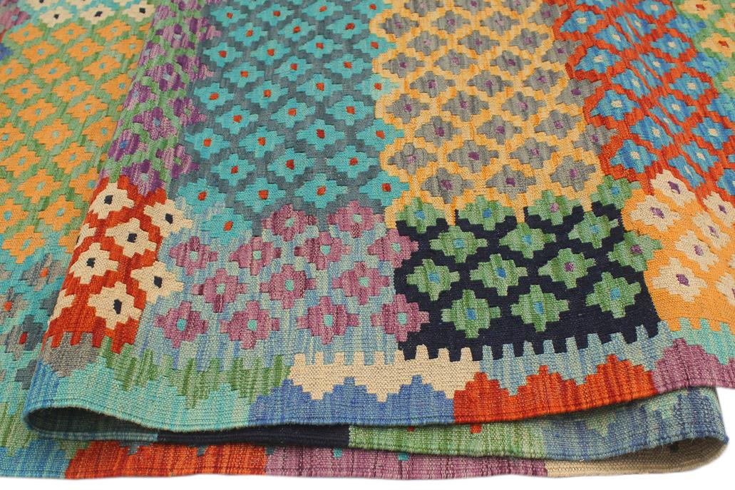 Flat Weave Kilim, Antique, Navaho, Vintage, Handmade, Modern Kilim Blue Rust Hand-Woven Rectangle 100% Wool Area Rug 8 x 10